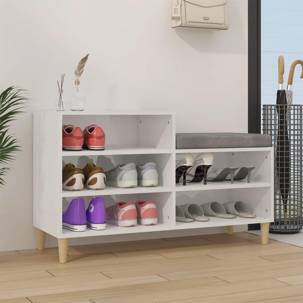 Regał na buty, wysoki połysk, biały, 102 x 36 x 60 cm, materiał drewnopochodny z 5 półkami, drewniane nogi i stabilna górna płyta do przechowywania i organizacji