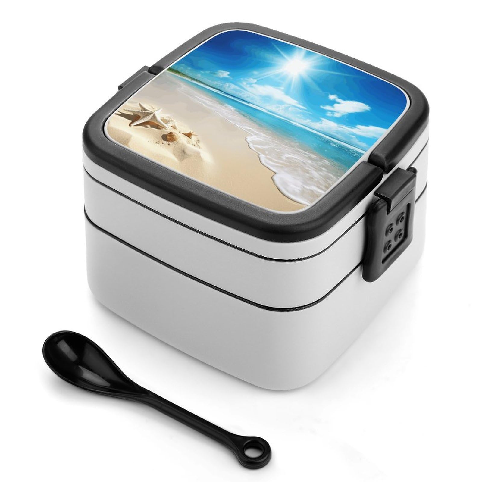 FekiLoot Bright Sunshine Summer Beach Bento Box Adult Lunch Box Sealed Bento Lunch Boxes with Spoon Sturdy Double Layer Bento Boxes Snap-on Design Leak Proof Lunch Containers Ideal for Work