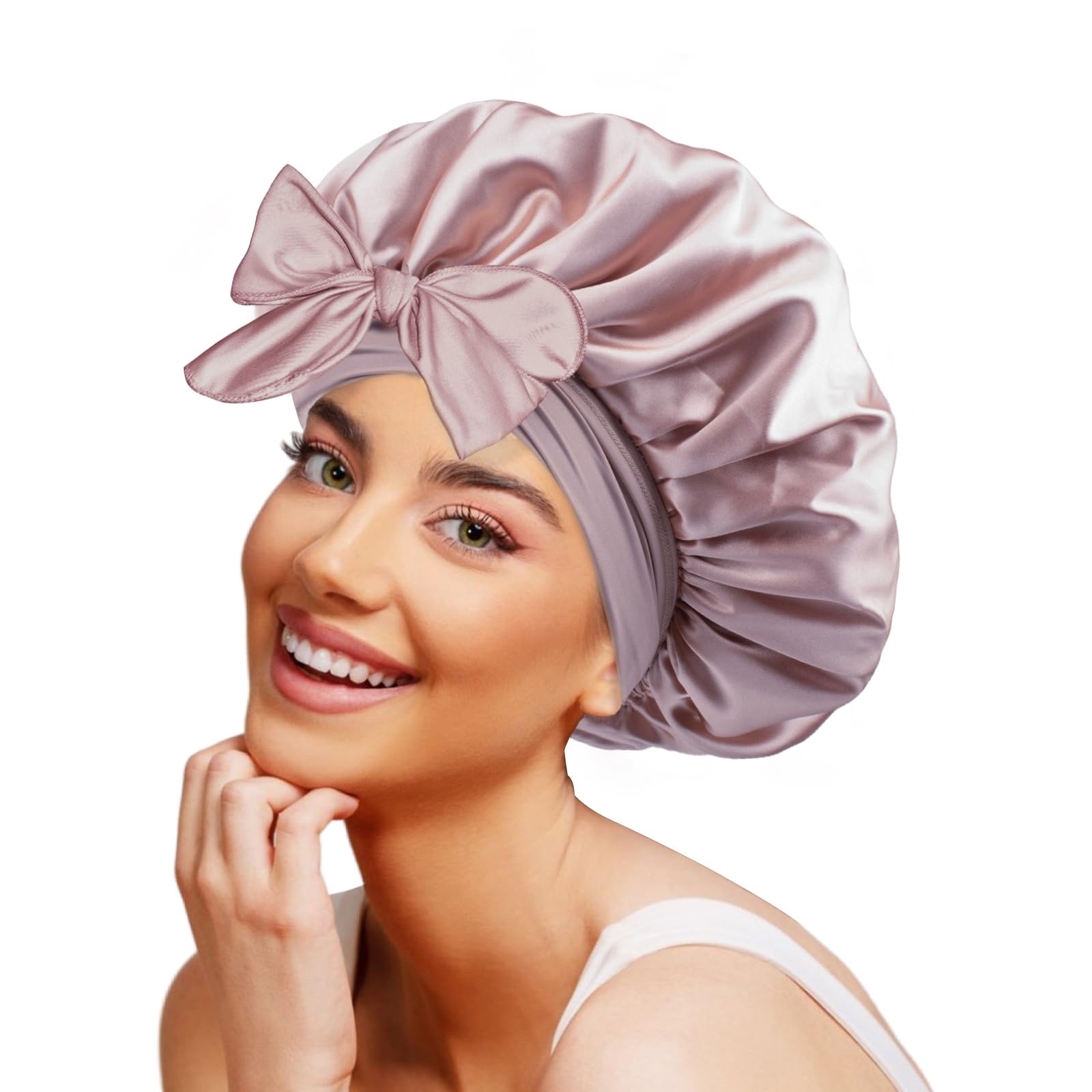 Galsangflower Doppelseitige Satin Schlafhaube mit Band, Doppelschichtige Seidenhaube für Lockiges & Langes Haar, Extra Große Haube für Nächtlichen Haarschutz, Graue Rose Gold