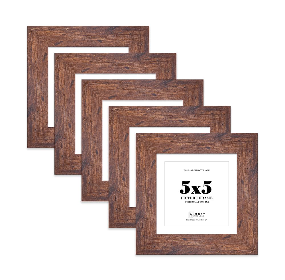 5x5" Rustic Wood Square Frame With Mount for 4x4" Pictures 28mm Edge Frame Display with Wall Hooks and Kickstand, 5 Pack