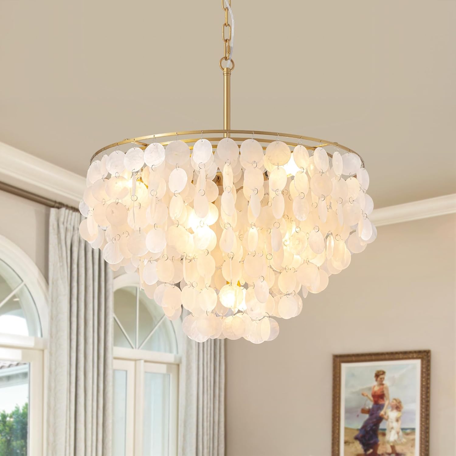 NOXARTE Capiz Shell Chandelier, 7 Lights Round Coastal Chandeliers, Pendant Lighting Fixtures with Seashell Shade, Gold Shell Chandelier Light for Bedroom Living Room Dining Room(24 inch)