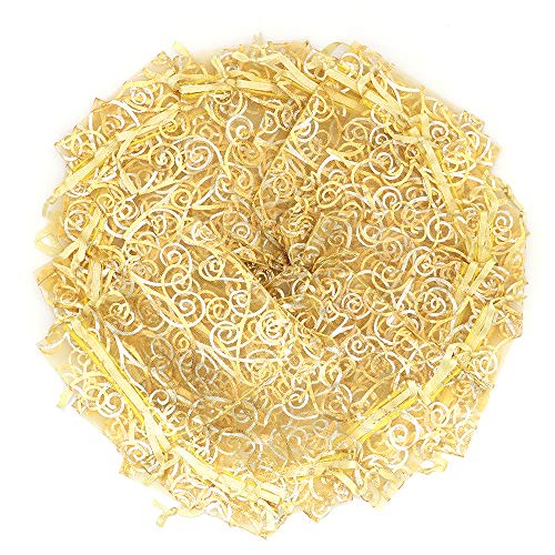Staruby Organza Gift Bag 100Pcs Gold Sheer Organza Bag Mesh Favor Bags Drawstring Jewelry Rattan Printed Gift Pouches for Wedding Party Favors Couple Shower Christmas Gifts Candy Bags (3x4 Inches)4