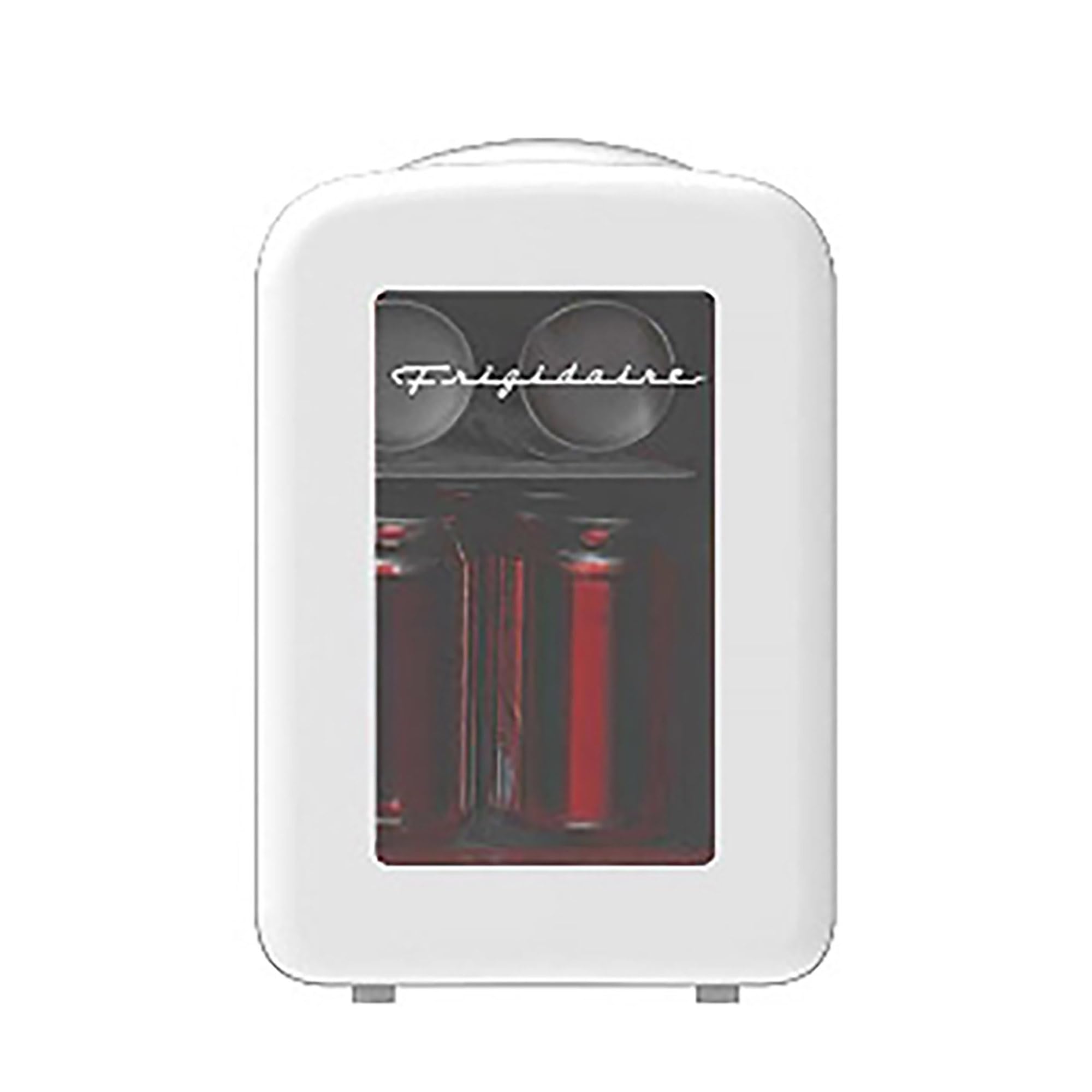 Frigidaire Mini glacière personnelle blanche pour réfrigérateur, porte transparente, capacité de 3,8 l pour six canettes, comprend des prises pour prise domestique et un chargeur CC – 25 cm P x 18 cm