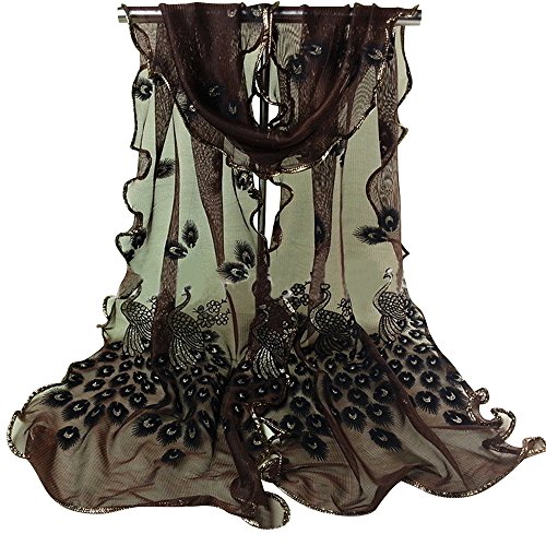 SANWOOD® Trendy Women Gauze Embroidered Peacock Veil Church Mantilla Scarf Shawl Wrap (Coffee)