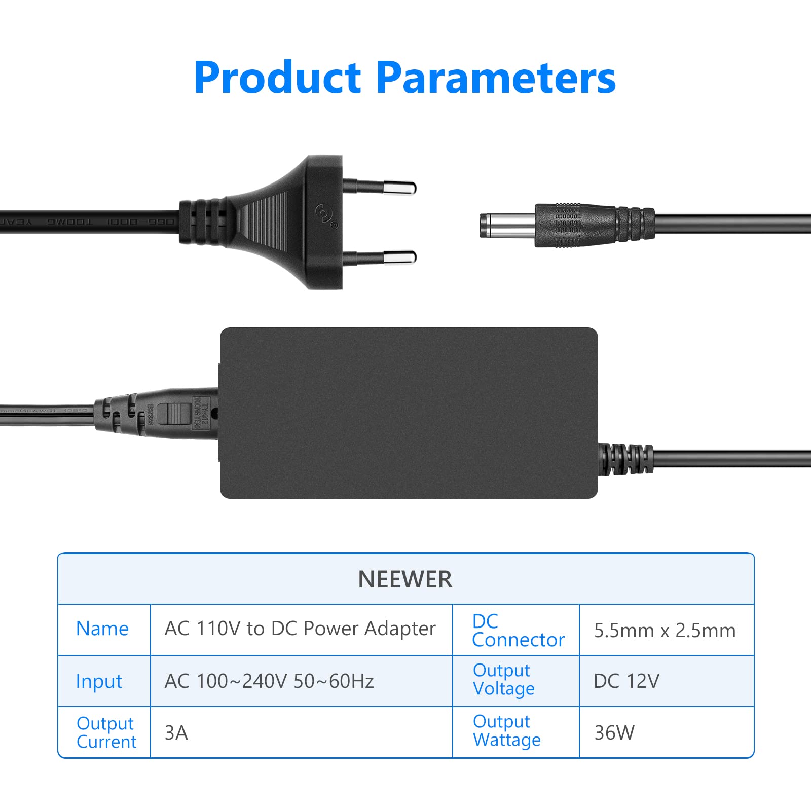 Neewer AC 100-240 V a DC 12 V 3 A 36 W Adattatore di alimentazione con 2 m Cavo di alimentazione per 480 LED luce video e anello luminoso 12 V 3 A 36 W, omologato UL (spina di corrente)