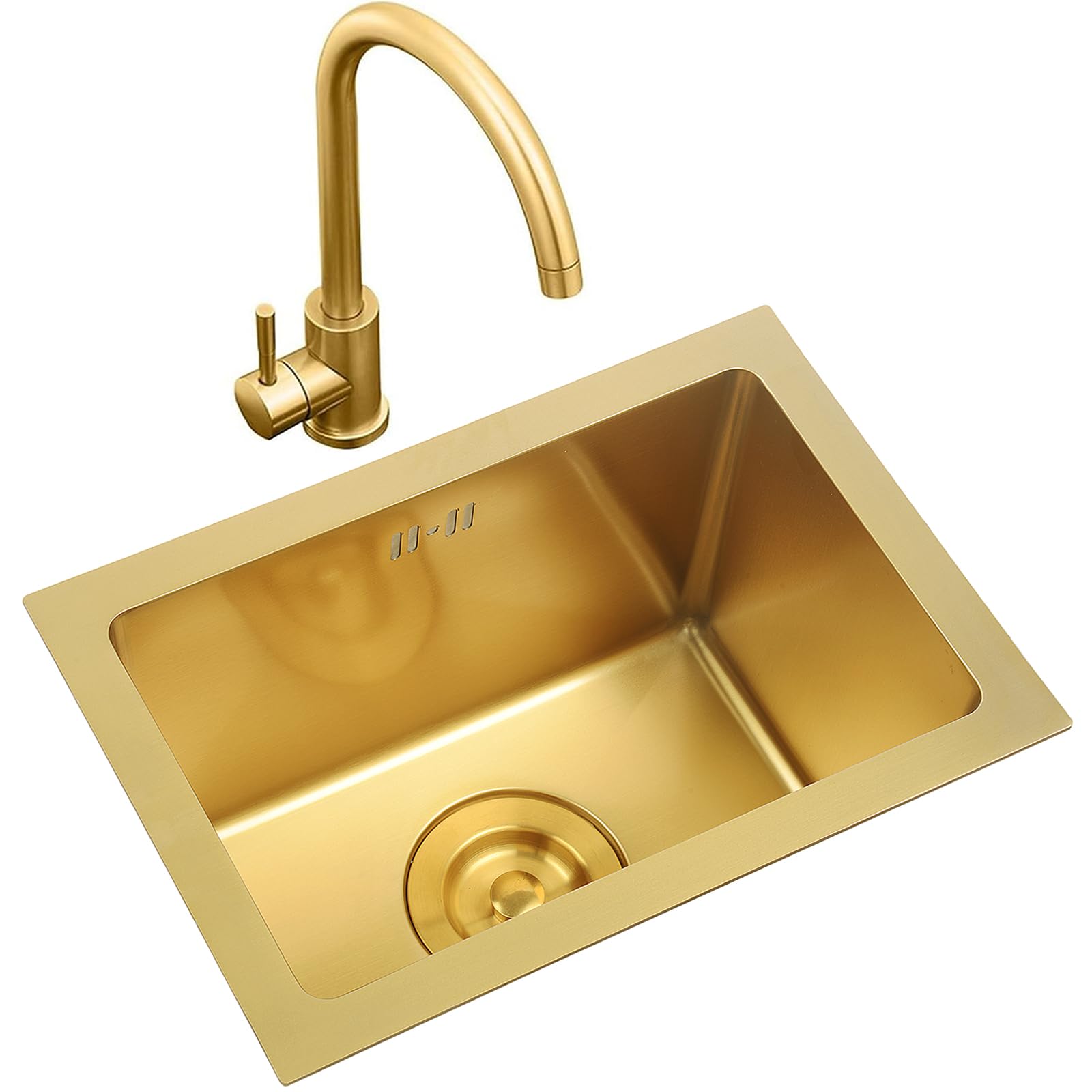 Kitchen sink Brushed Gold Single Bowl Stainless Steel Square Recessed Or Undercounter With Faucet And Drain (Color : Gold, Size : 38×26cm)