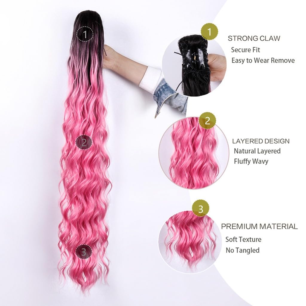 Super Long 80cm Thick Ponytail Extension Synthetic Loose Wavy Claw Clip in High Ponytail for Women Seamless Fake Full Pony Tail Hairpiece (Black/Pink) - Image 2