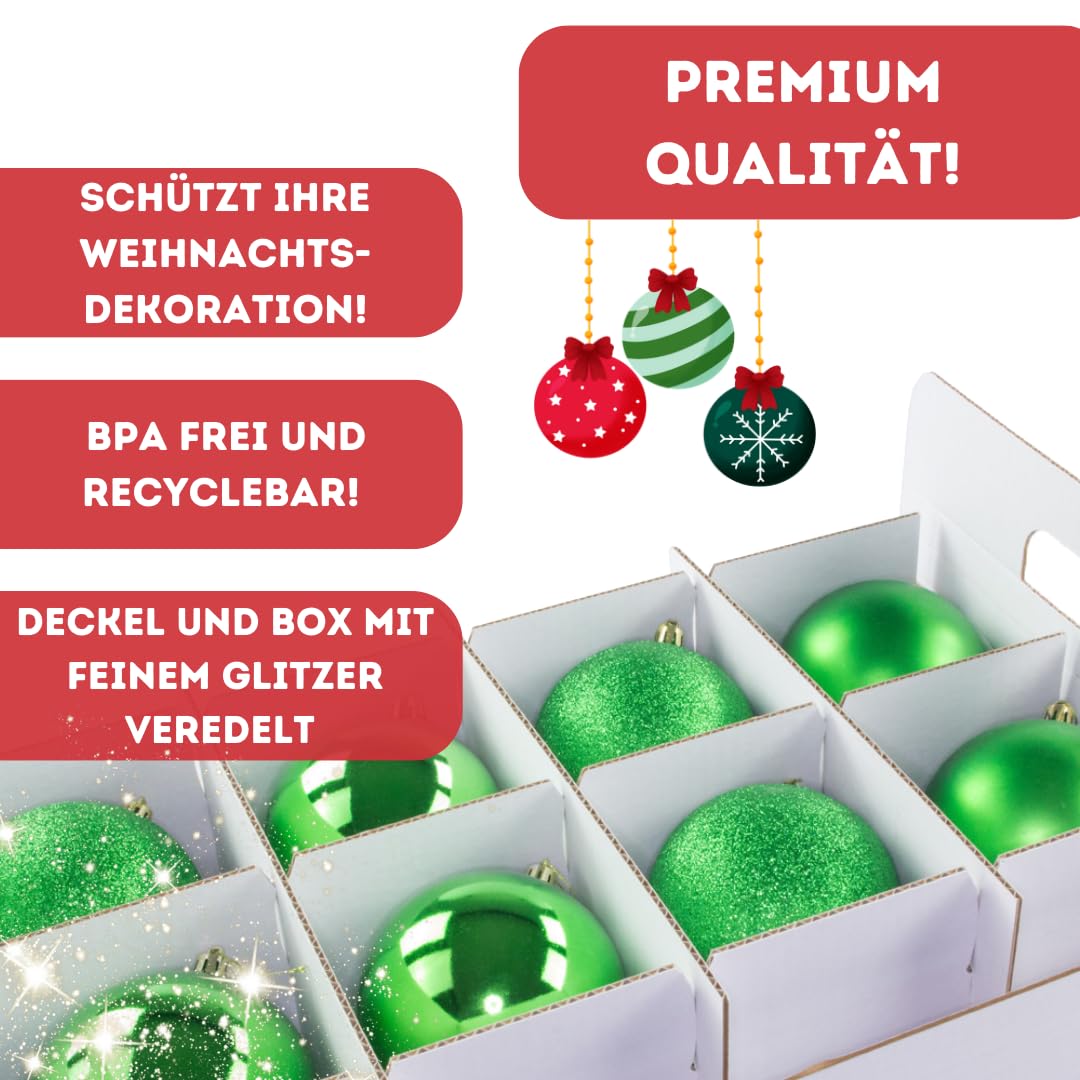 Weihnachtskugeln Aufbewahrungsbox für 71 Kugeln | Extrafach im Deckel | Große & stabile Glitzer-Weihnachtsbox | Verschließbarer Deckel | Christbaumkugeln | Christbaumschmuck | Deko