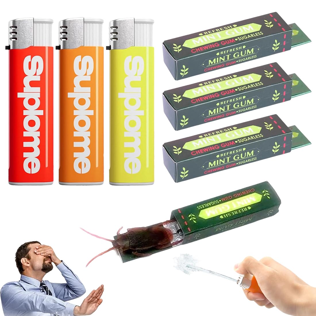 3 Pezzi Set di scherzi, Accendino a Pistola ad Acqua And Gomma da Masticare scherzosa, Giocattolo di Scherzo, Pistola a Spruzzo ad Acqua, Scherzi Divertenti, Piccoli Giocattoli