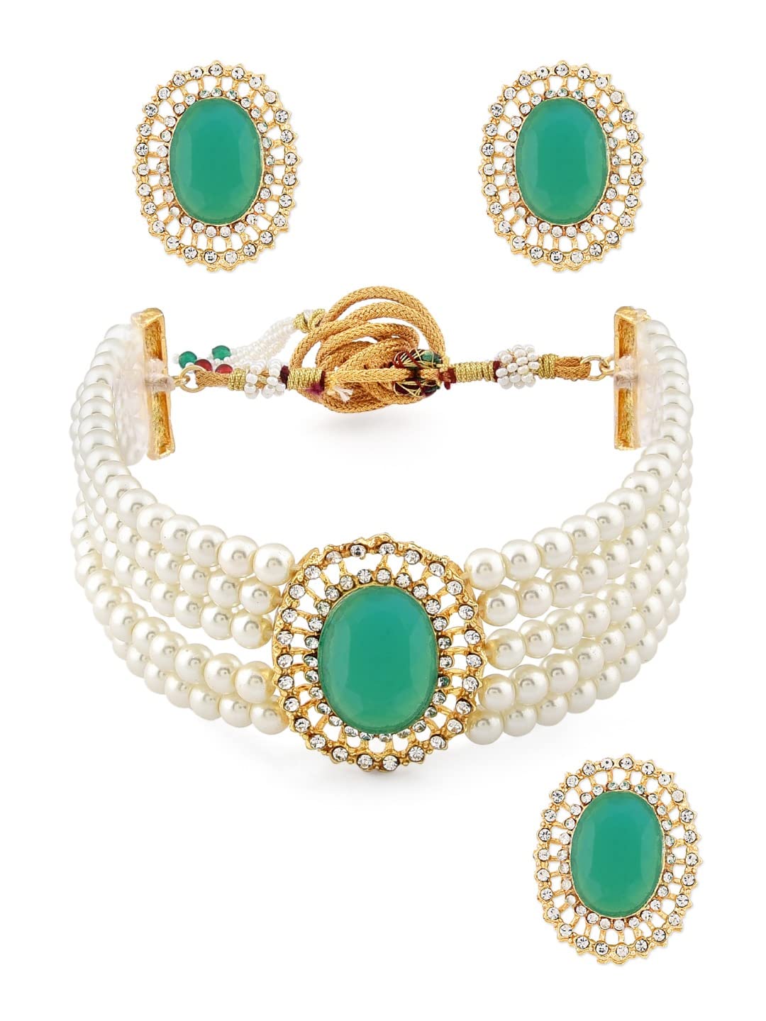 ZAVERI PEARLS Green Stones Multistrand Pearls Choker Necklace Earring & Ring Set For Women-ZPFK11667 (B09Q16F9M9) Amazon Price History, Amazon Price Tracker