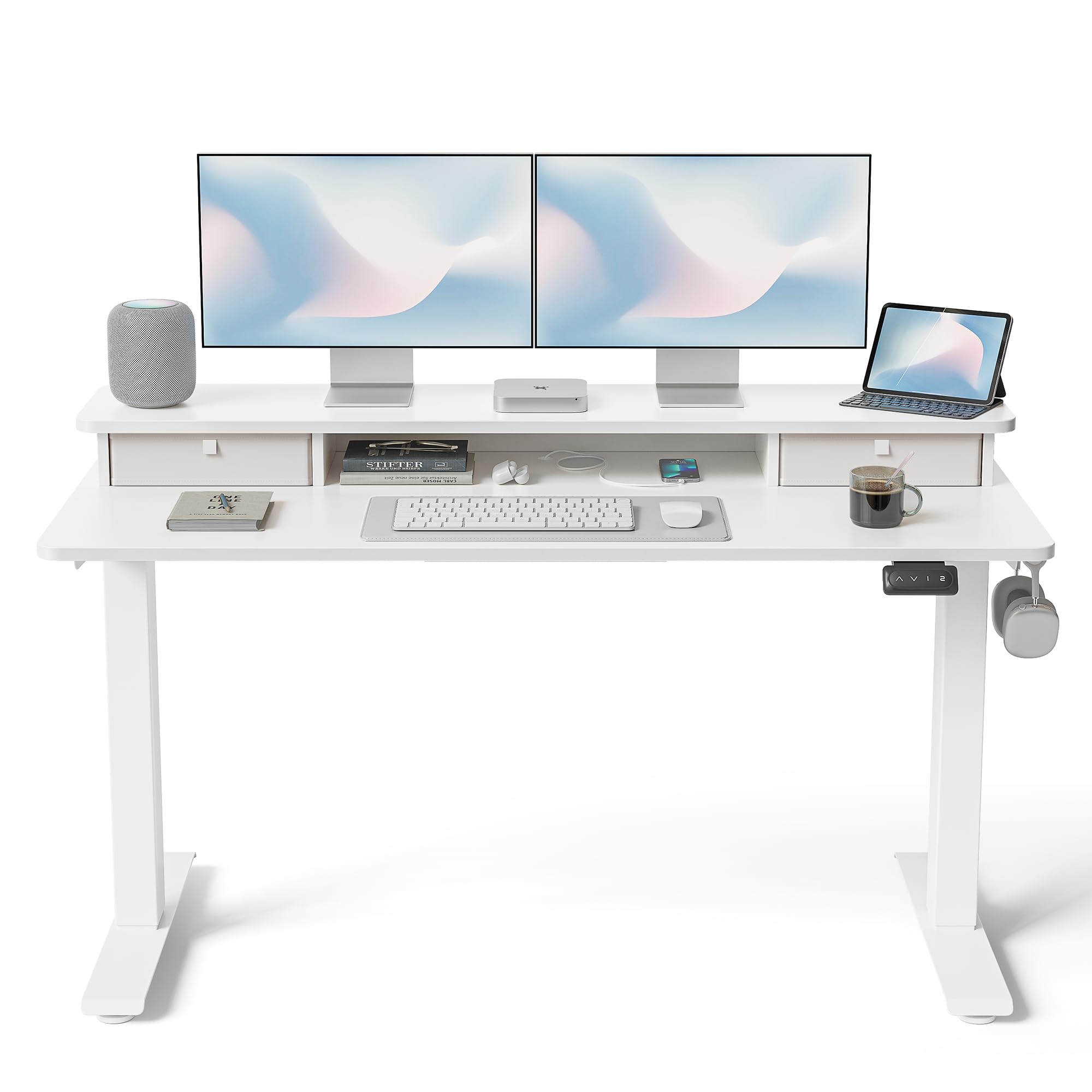 FEZIBO 55 x 24 Inch Height Adjustable Electric Standing Desk with Double Drawer, Stand up Home Office Computer Desk with 4 Height-Adjustable Feets &amp; 2 Hooks, White
