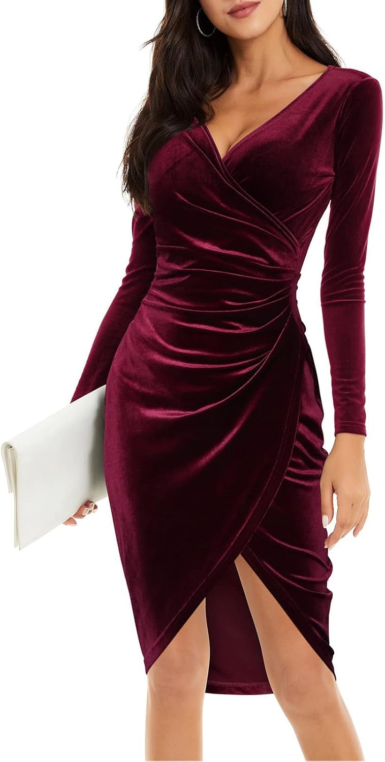 Elegant Velvet Dress for Women Wrap V Neck Long Sleeve Split Bodycon Ruched Cocktail Party Maxi Dress - Image 6