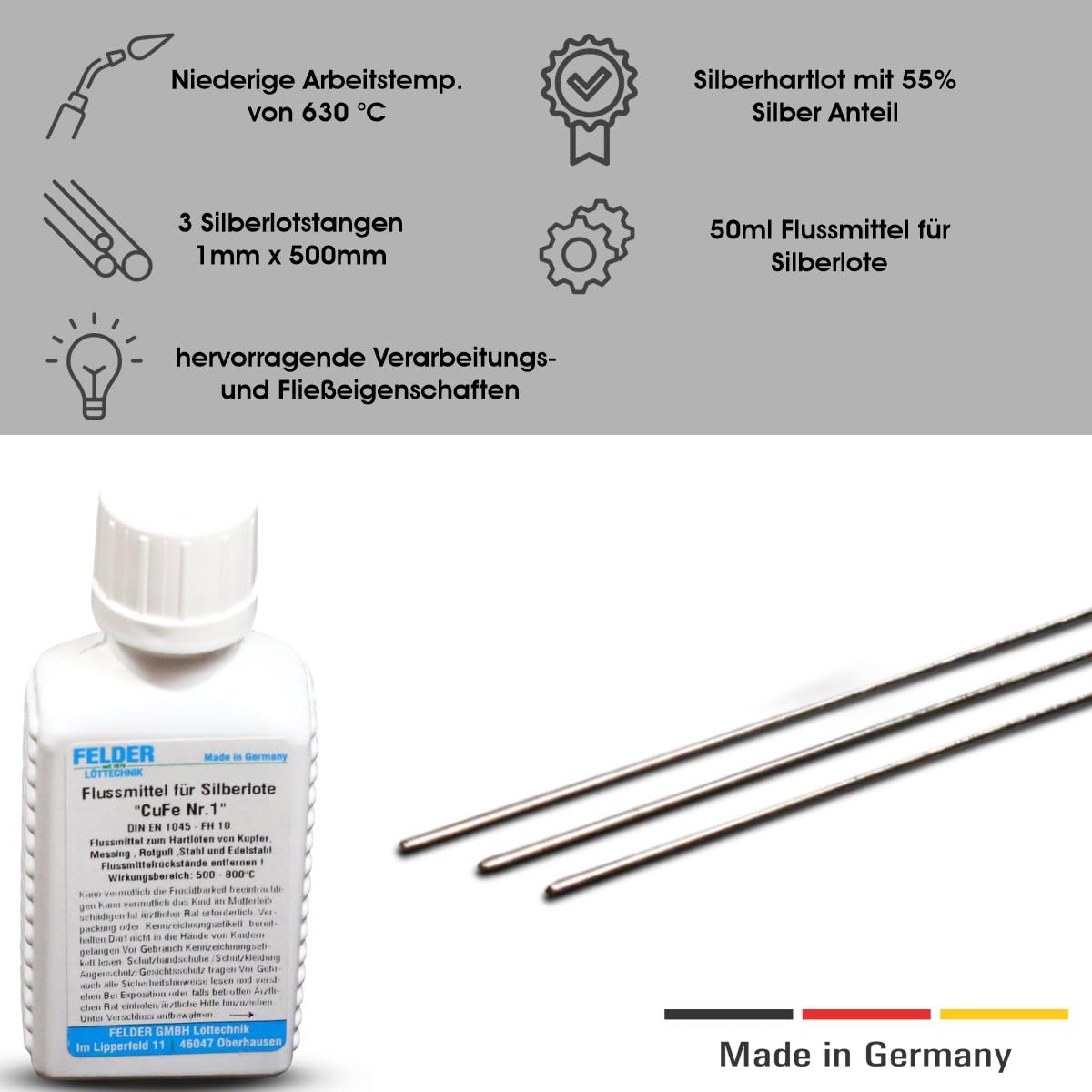 3 Silberlotstangen 1mm mit Flussmittel 50ml hartlöten Silberhartlot mit 55% Silber Anteil silberlot L-Ag55Sn 500mm lang