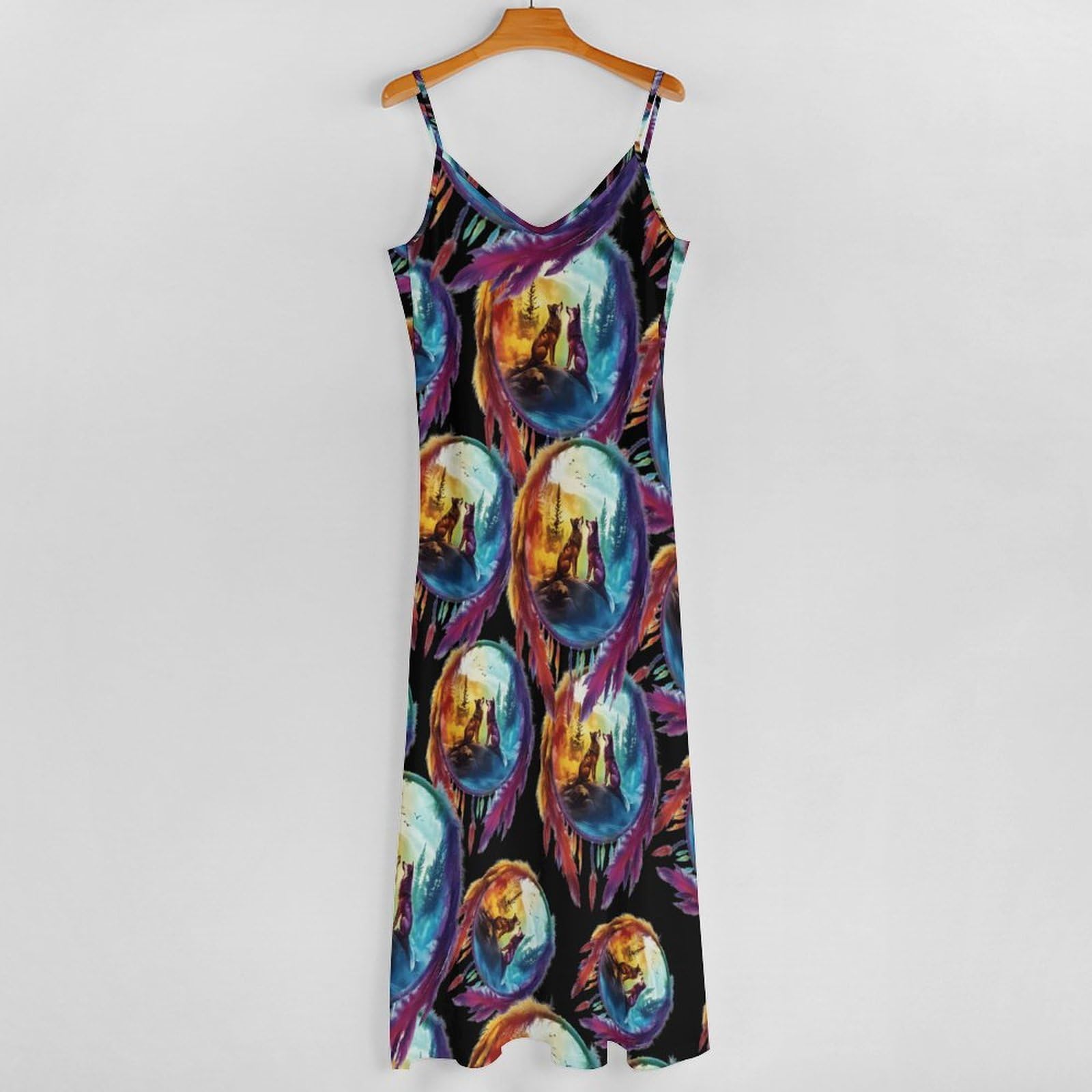 Wolf - Vestido casual para mujer, con diseño de atrapasueños, ajustable, largo hasta el tobillo, con volantes, vestido de verano fluido