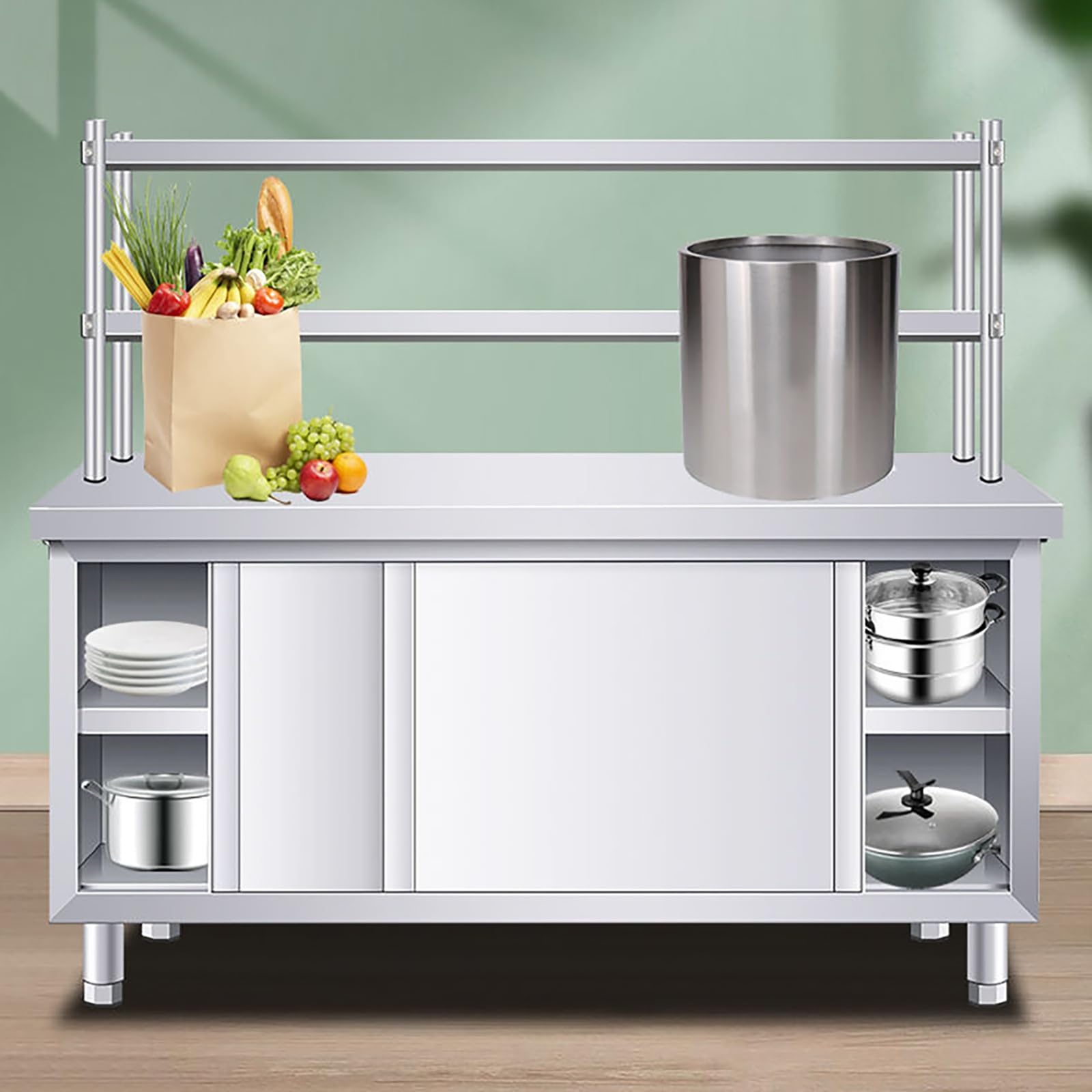 Stół roboczy ze stali nierdzewnej z drzwiami przesuwnymi, wytrzymały stół kuchenny z górną półką i szafką do zastosowań gastronomicznych