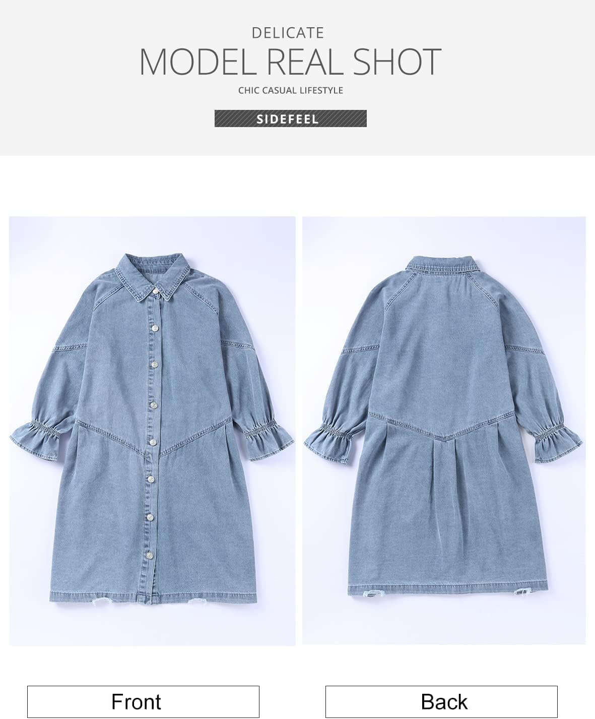 Sidefeel Womens Smocked 3 4 Sleeve Button Down Denim Jeans Dresses - Image 6