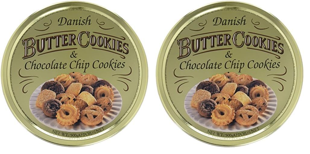Danish Butter Cookies & Chocolate Chip Cookies, dänische Butterkekse, Gebäckmischung Dose, 500 g (Packung mit 2)