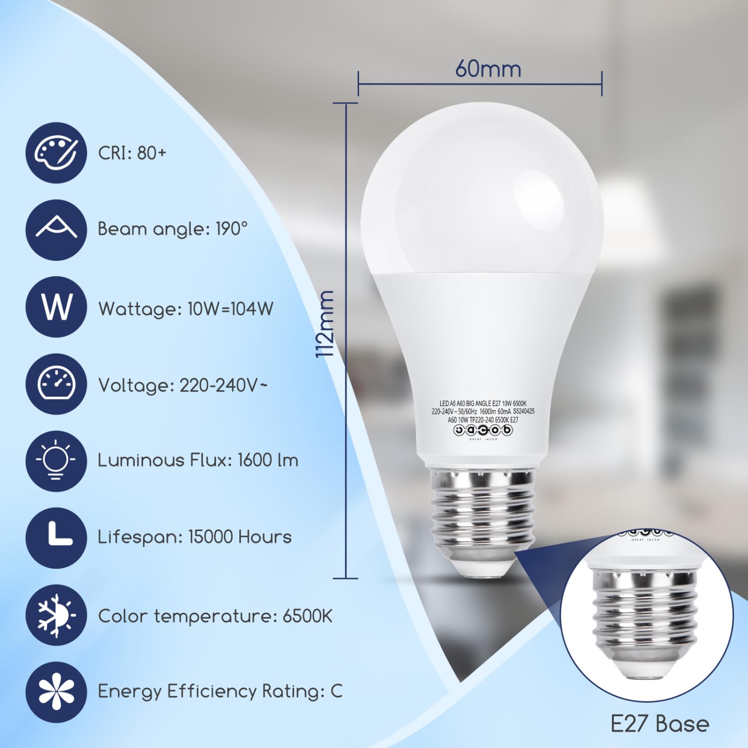 Great Jacob Lampadine LED A60 E27 10W=104W,Luce Fredda 6500K,1600 lumen,A60 LED Lampadina Non dimmerabile,Pacco da 7