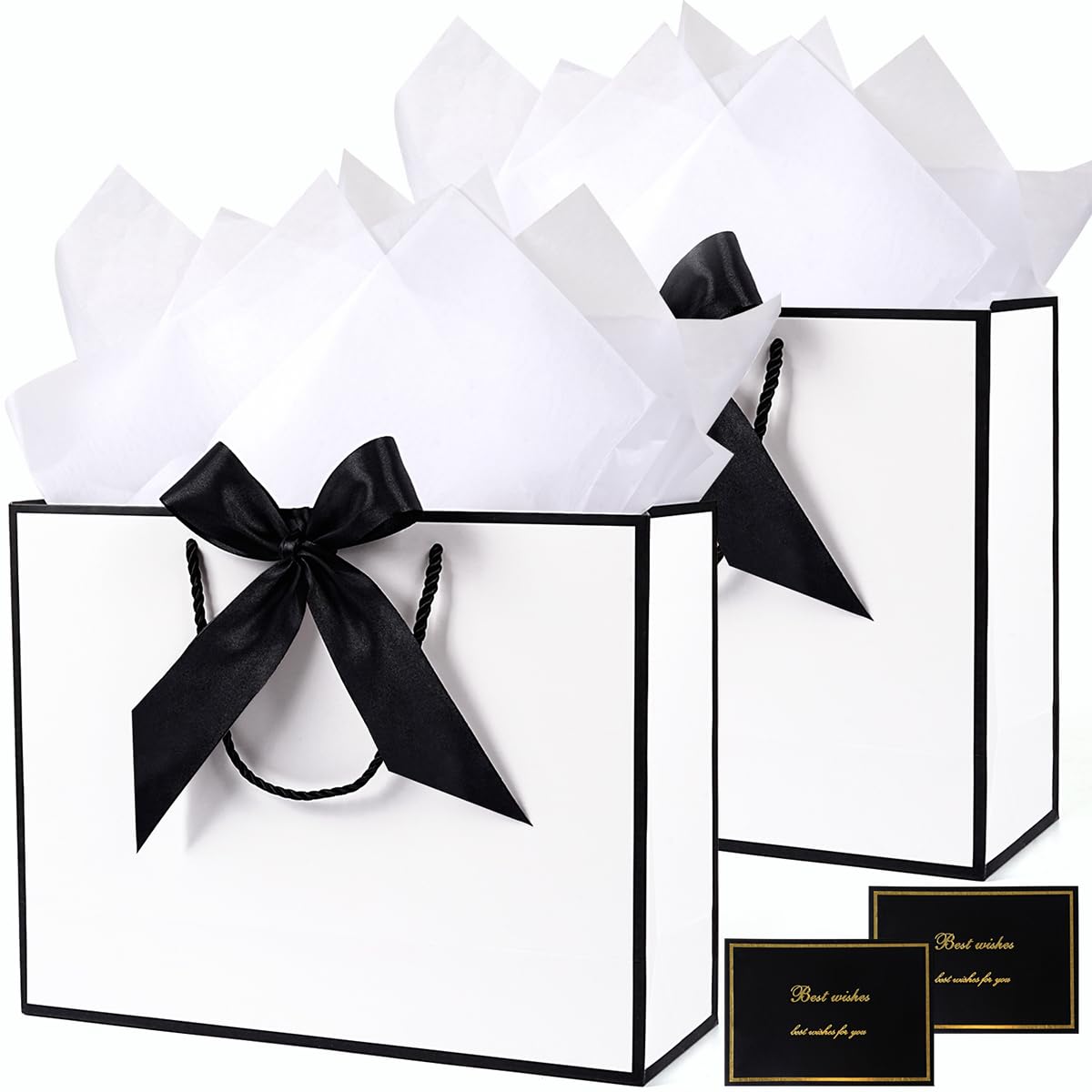 Large Gift Bags for Presents, 2PCS White Black Paper Gift Bags with Tissue Paper Handles Bow Ribbon and Greeting Card, White Present Bags for Birthday Wedding Baby Shower Christmas Party, 32x25x11cm