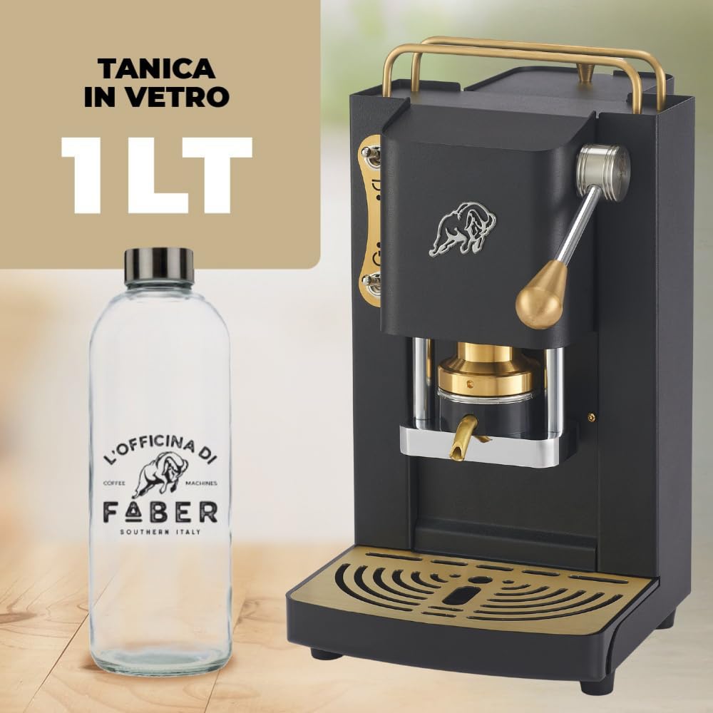 FABER COFFEE MACHINES | 3.0 PRO ESSENTIAL | Macchina Caffè ESE 44mm Compatta con, Tanica in Vetro, Portacialda Estraibile e Pressacialda Ottone Regolabile (Black, OTTONE)