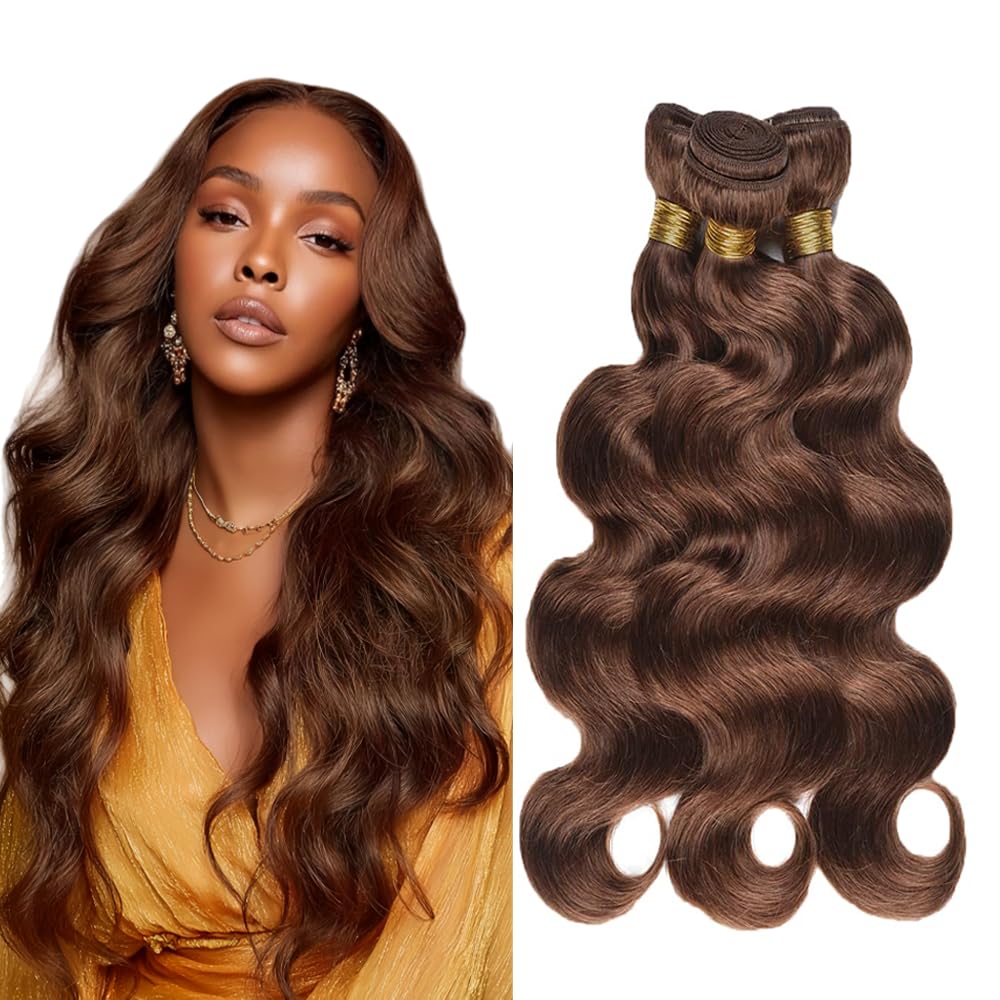 Photo 1 of Brown Human Hair Bundles Color #4 Body Wave Bundles Human Hair Extensions 10A Brazilian Virgin Brown Body Wave 3 Bundle 22 24 26 Inch