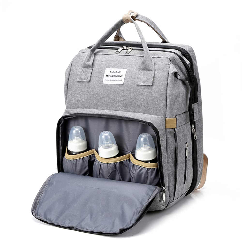 Sac à Dos à Langer pour Bébé,Sac de Voyage avec Lit de Bébé Portable,Grande Capacité Sac à Couches Multifonction Imperméable,2 Sangles de Poussette,pour Biberon Sac à Dos (Gris)