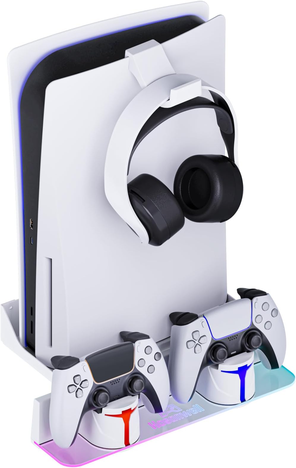 Hosanwell PS5 Wall Mount for PS5/PS5 Pro/PS5 Slim Kit with Charging Station, Compatible with Disc & Digital Version, Dual Use Charging Station with Multi-mode RGB Light, White