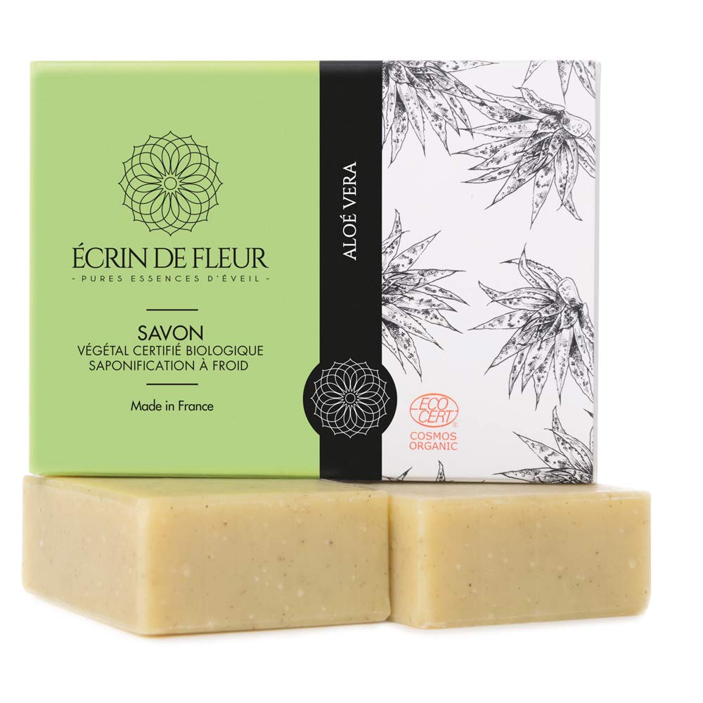 Écrin De Fleur - Certified Organic Aloe Vera Soap Bar – Handmade with Aloe Vera Juice, Essential Oils of Patchouli, Peppermint, Sweet Orange & Nettle Leaves, Cold Process, Normal Skin - 2 x 100g