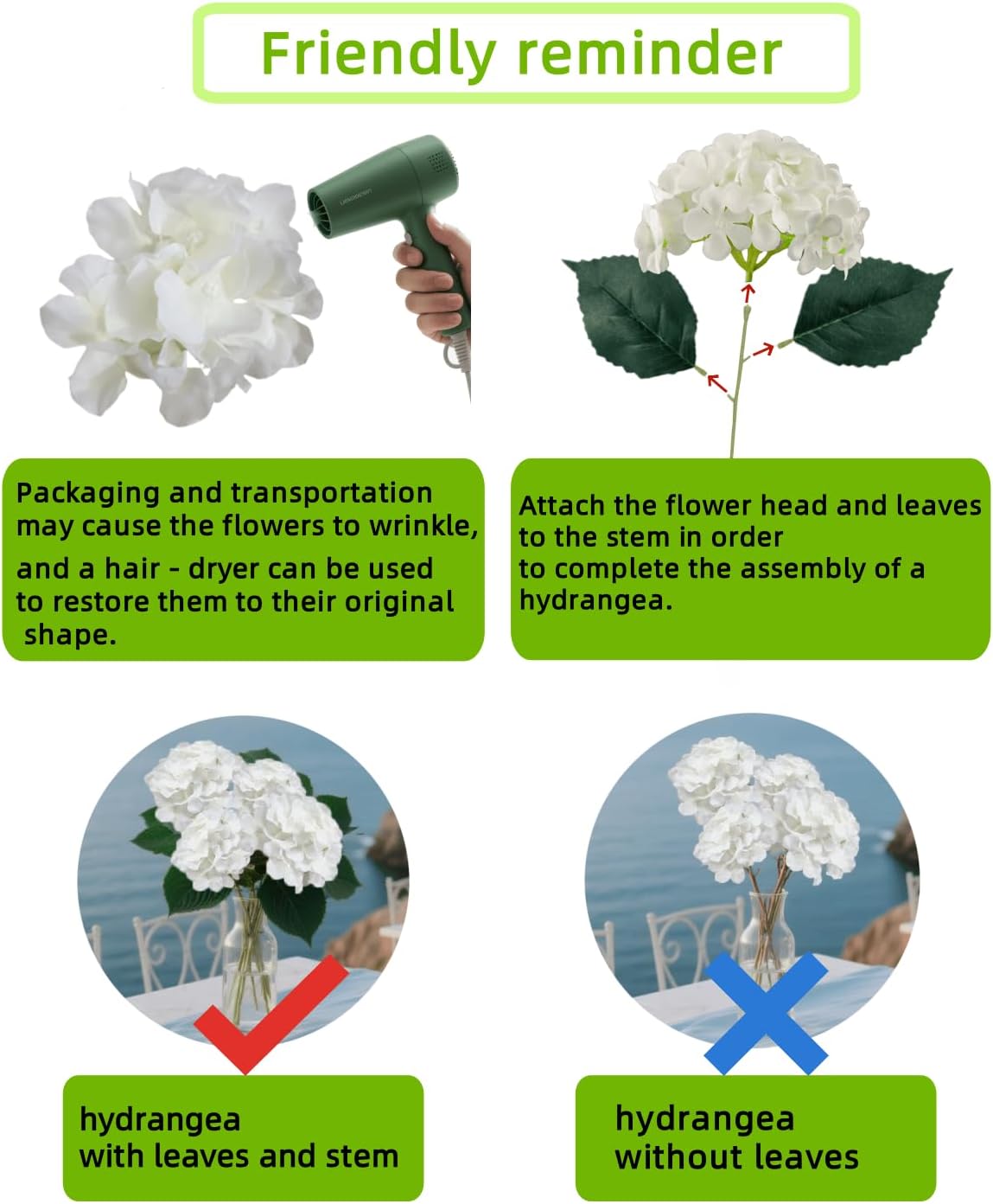 Artificial White Hydrangea Flowers with Leaves, 50 Pack, 6 Inch Silk Flower Heads, DIY Mother's Day Wedding Decor Set with 100 Leaves, 50 Stems - Image 3