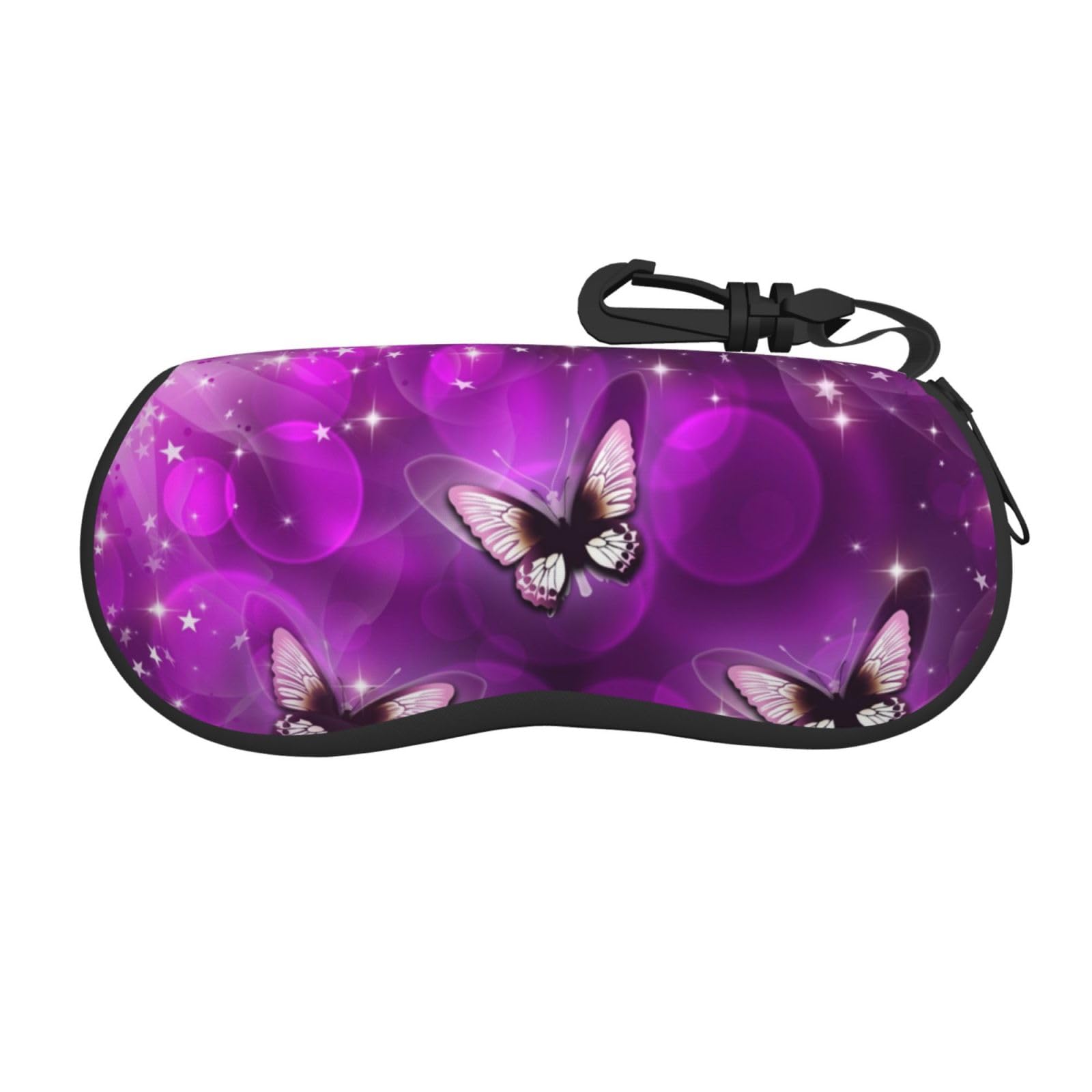 Faduni Purple Butterfly Lightweight Soft Sunglasses Case,Neoprene Zipper Glasses Pouch,Portable Eyeglasses Bag With Hook For Women Men