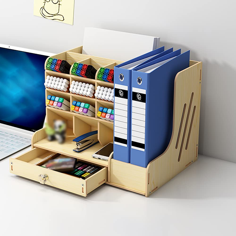 Organizador de escritorio de madera con cajón multifunción para oficina, escuela y soporte para bolígrafos, tamaño grande (negro)