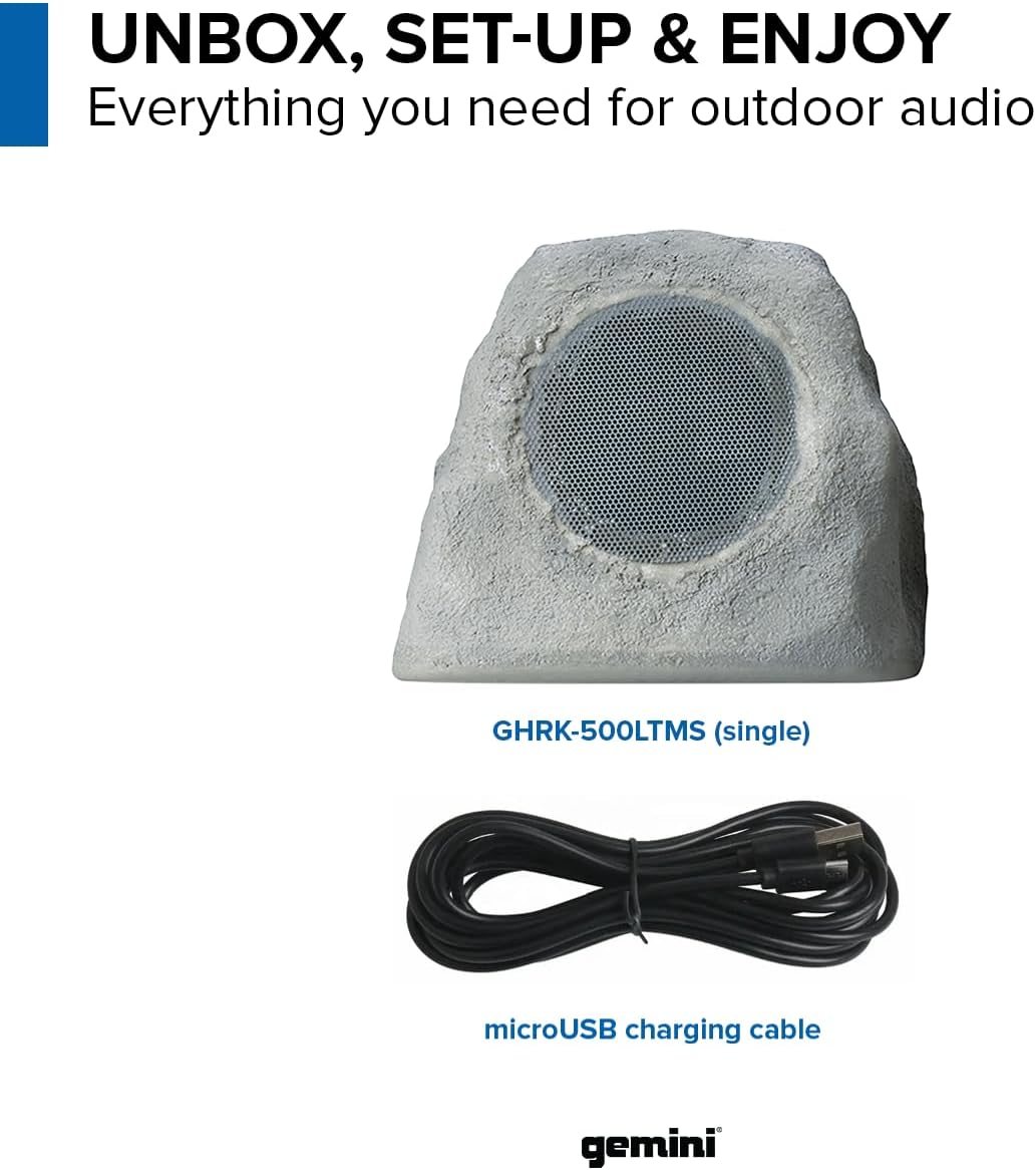 Gemini Portable Solar-Powered Bluetooth Rock Speakers Pair with Multi-Link, Weather-Resistant Design for Outdoor Entertainment, Wireless Connectivity, and Ambient LED Lighting (GHRK-500LTMS-PR)