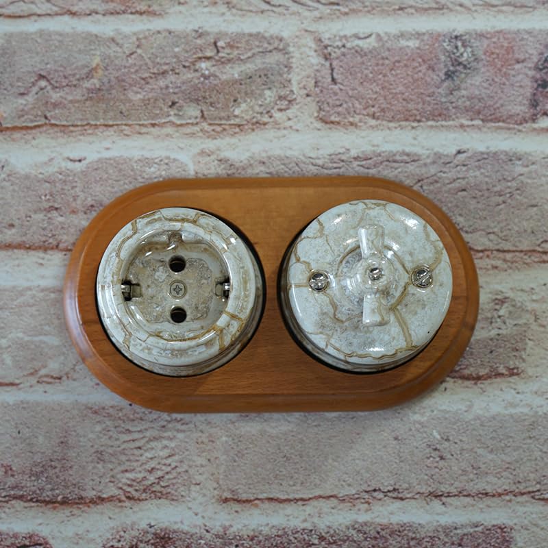 Rotary Vintage Porcelain Light Switch and Ceramic Wall Germany Socket Outlet with Earthing(Black)