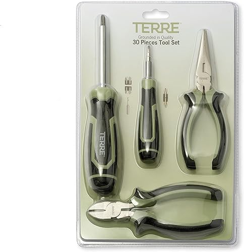 Terre Products, Juego de herramientas de uso general de 30 piezas, destornillador, alicates de punta larga, alicates de corte diagonal, kit de
