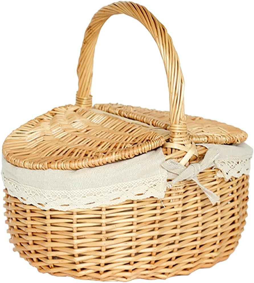 Yardwe Wicker Picnic Basket, 13.8" Picnic Basket with Lid and Handle, Large Woven Basket with Washable Lining