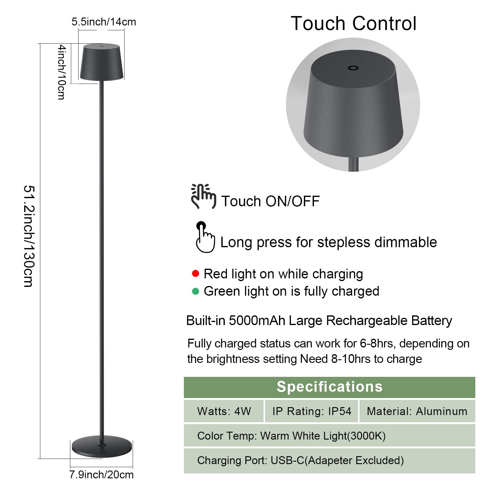 K-Bright Stehleuchte LED 130cm, 4W dimmbares Leselicht, Touch Control, Stehleuchte aus Metall Aluminium, geeignet für Wohnzimmer, Schlafzimmer, Büro Zusatzbeleuchtung(Anthrazit)