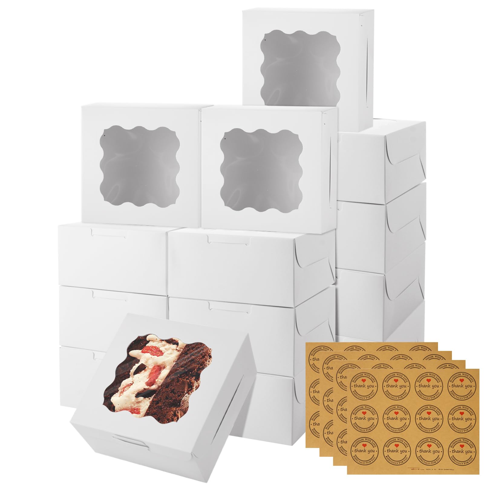 YAYODS Confezione da 100 scatole per biscotti da 15,2 x 15,2 x 7,6 cm, con finestra, scatole bianche con adesivi, per dessert, pasticceria, ciambelle, cupcake singoli, prodotti da forno