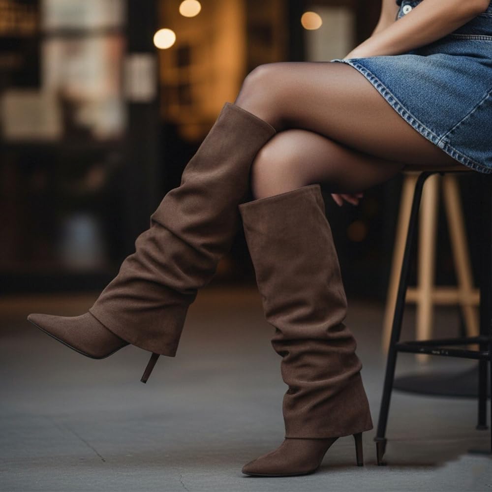 Women's Knee High Boots Fold Over High Heel Pointed Toe Black White Long Boots Women Dress Tall Boots for Women: 8.5 Brown-suede