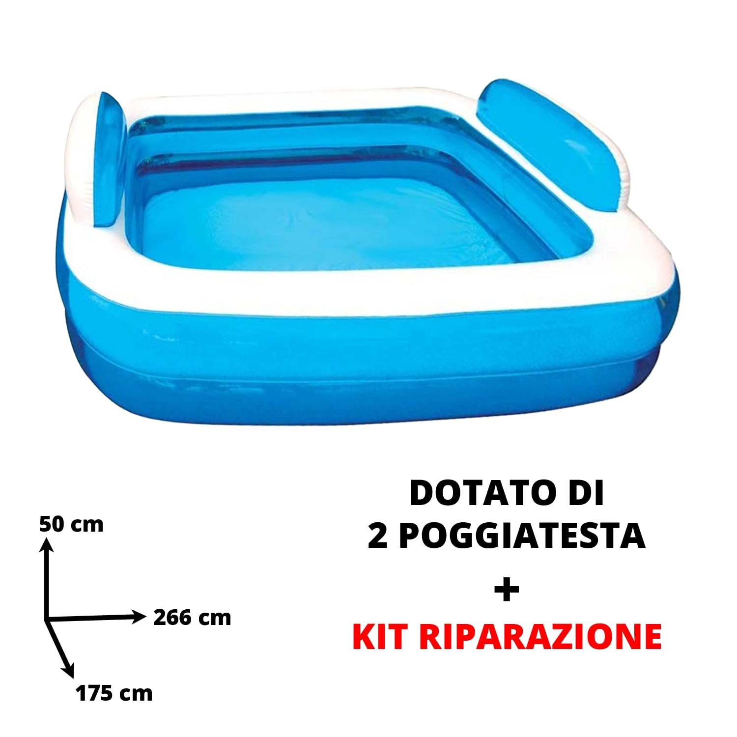 Sicignano | Piscina Gonfiabile Rettangolare per Bambini +3 Anni – PVC Resistente, Valvola Scarico Rapido, Kit Riparazione Incluso (Azzurro, 266x175x50h cm)