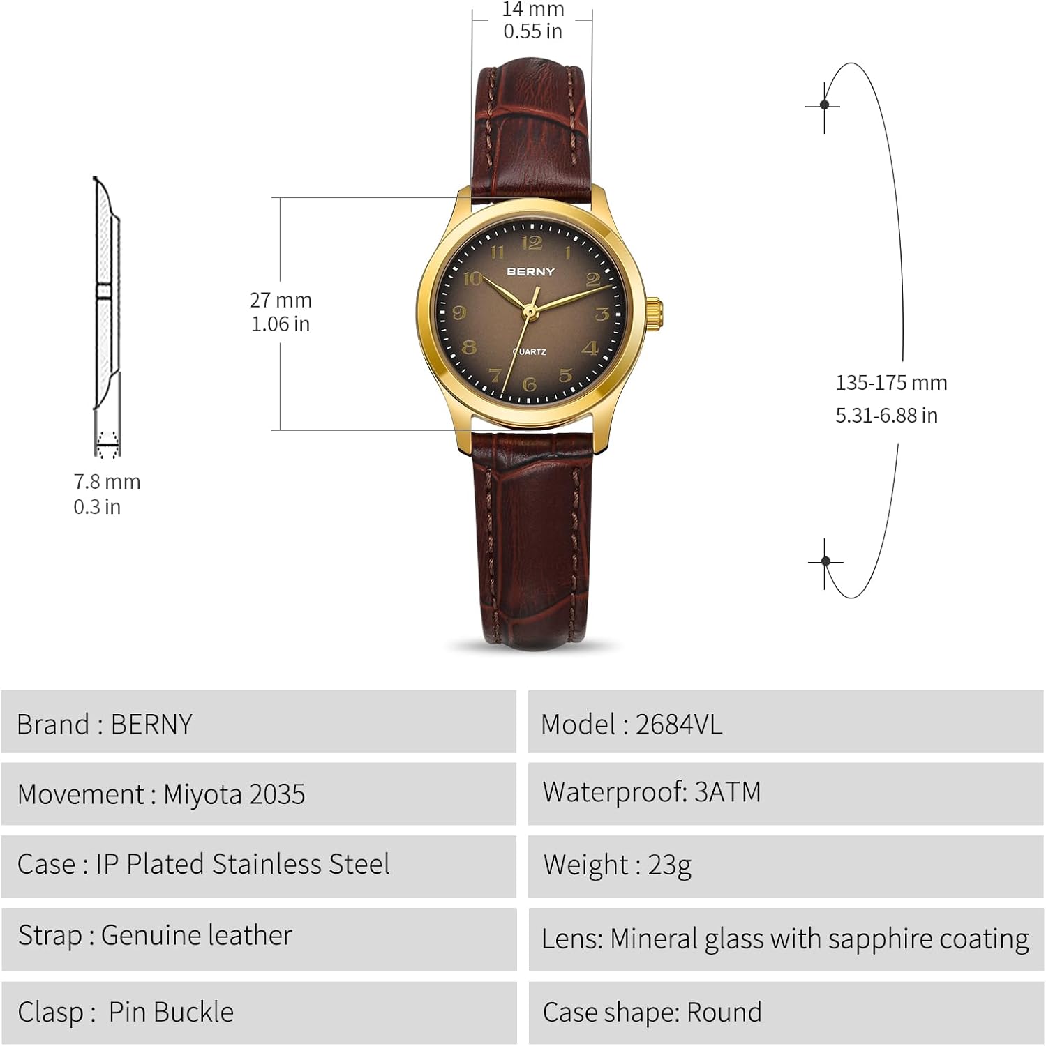 BERNY Dainty Gold Watches for Women Small Women's Leather Wrist Watch Vintage Easy Reader Watch - Image 6