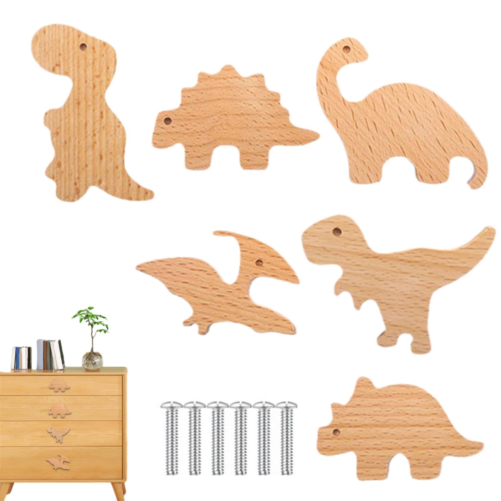 Perillas de gabinete de animales,Perillas de animales de madera - 6 tiradores de cajones para niños - 6 uds, perillas decorativas para tocador, tema de dinosaurio, tiradores decorativos para cajones d
