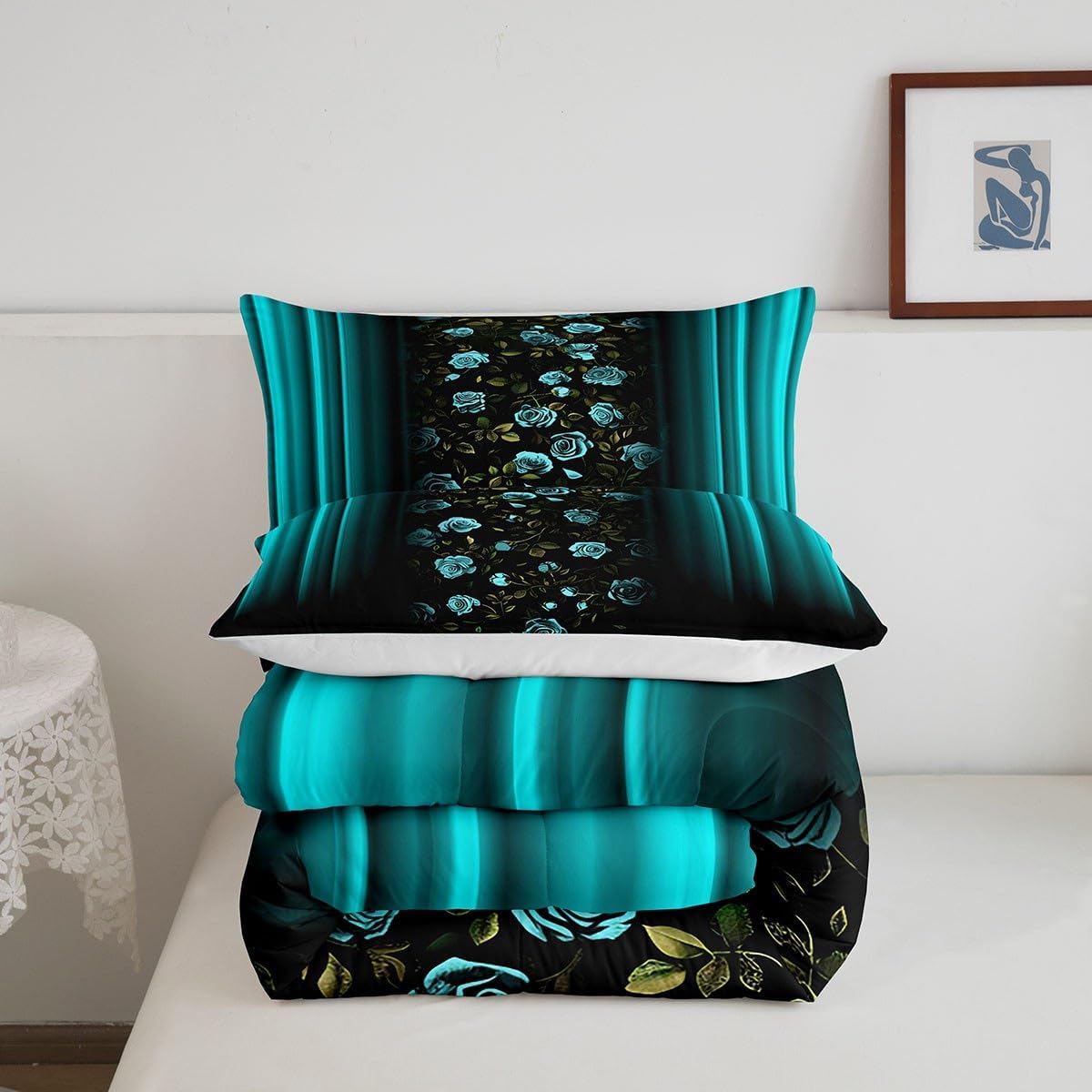 Feelyou Floral Bedding Set Ombre Teal Rose Teens Comforter for Kids Boys Girls Teal Rose Flower Decor Comforter Set Romantic Modern Quilt Set 3Pcs Queen Size