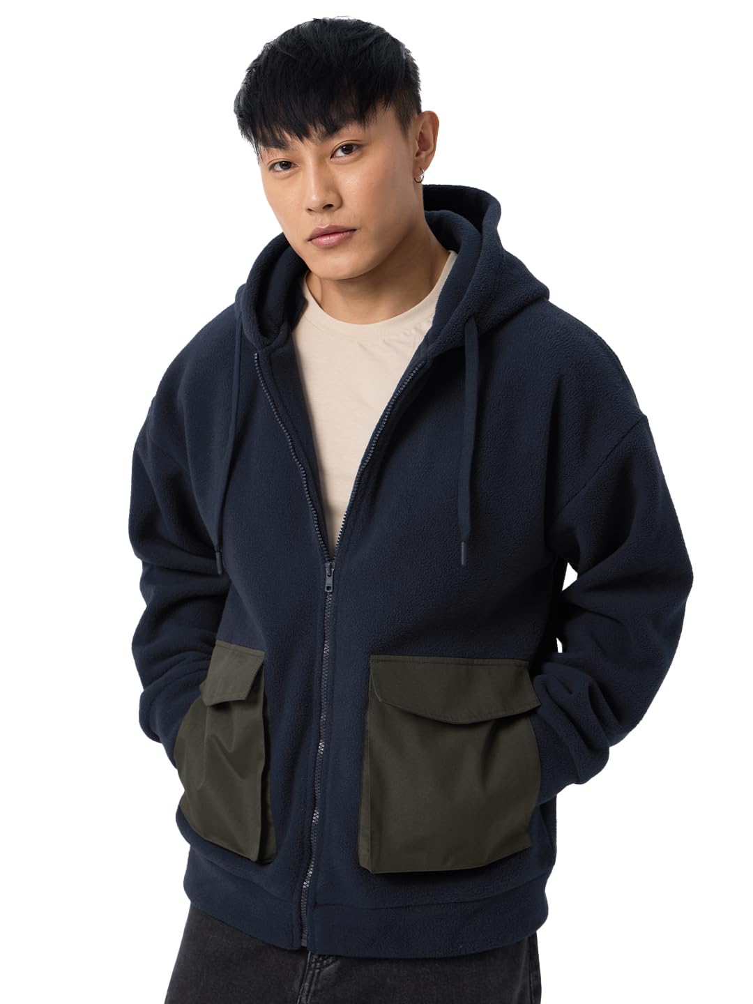 the souled store Polar Fleece: Midnight Mist Men and Boys Long Sleeves Hooded Neck Zipper Front Solid Cotton Blend Oversized Hoodies-picture-16