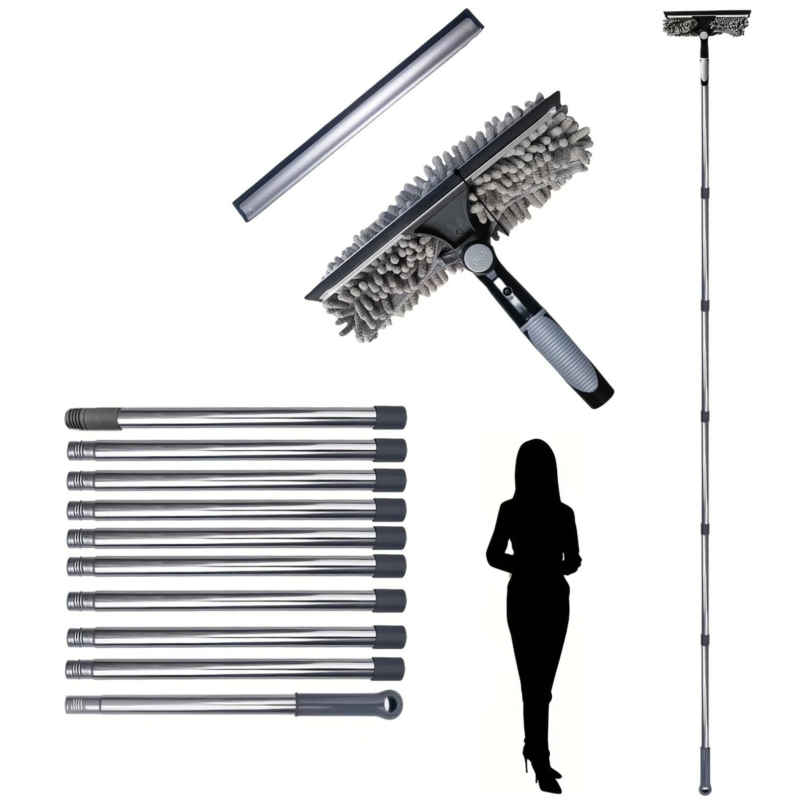 Duschabzieher Für Glastüren 4 Meter 2-in-1-Fensterreinigungsbürste, Rakel-Set, ausziehbarer Griff, robuster Edelstahl, hohe Reichweite, for den Außenbereich, Glas(445cm Grey)