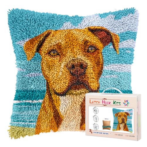 DIY Latch Hook Pillow Kits for Adults Cartoon Pitbull Dog Printed Pillowcase Crochet Yarns Hooking Handmade Pillow Cover Cushion for Home Sofa Decoration 17x17inch-3
