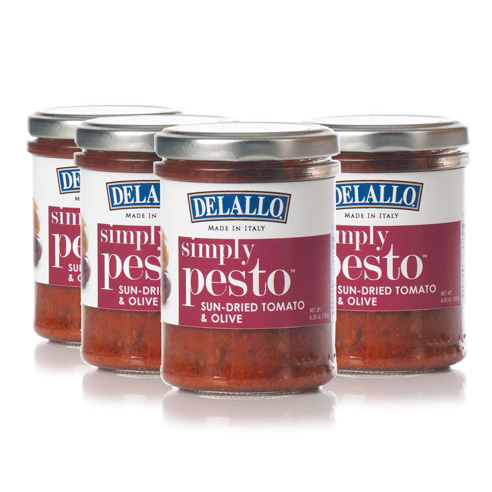 DeLallo Sun-Dried Tomato and Olive Pesto, 6.35 Ounce Jar, Made with Extra Virgin Olive Oil, Made in Italy, Gourmet Spread, Ready to Use Pasta Sauce, Gluten Free, Non-GMO (4 Pack)