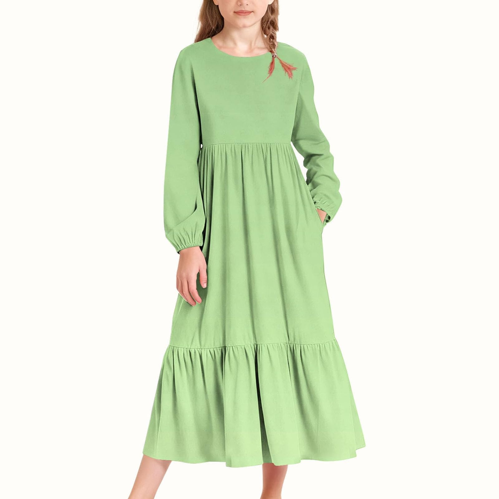 Vestito da ragazza a maniche lunghe casual da spiaggia per vacanze maxi abito per bambini primavera estate girocollo Boho Flowy A Line abiti con tasche