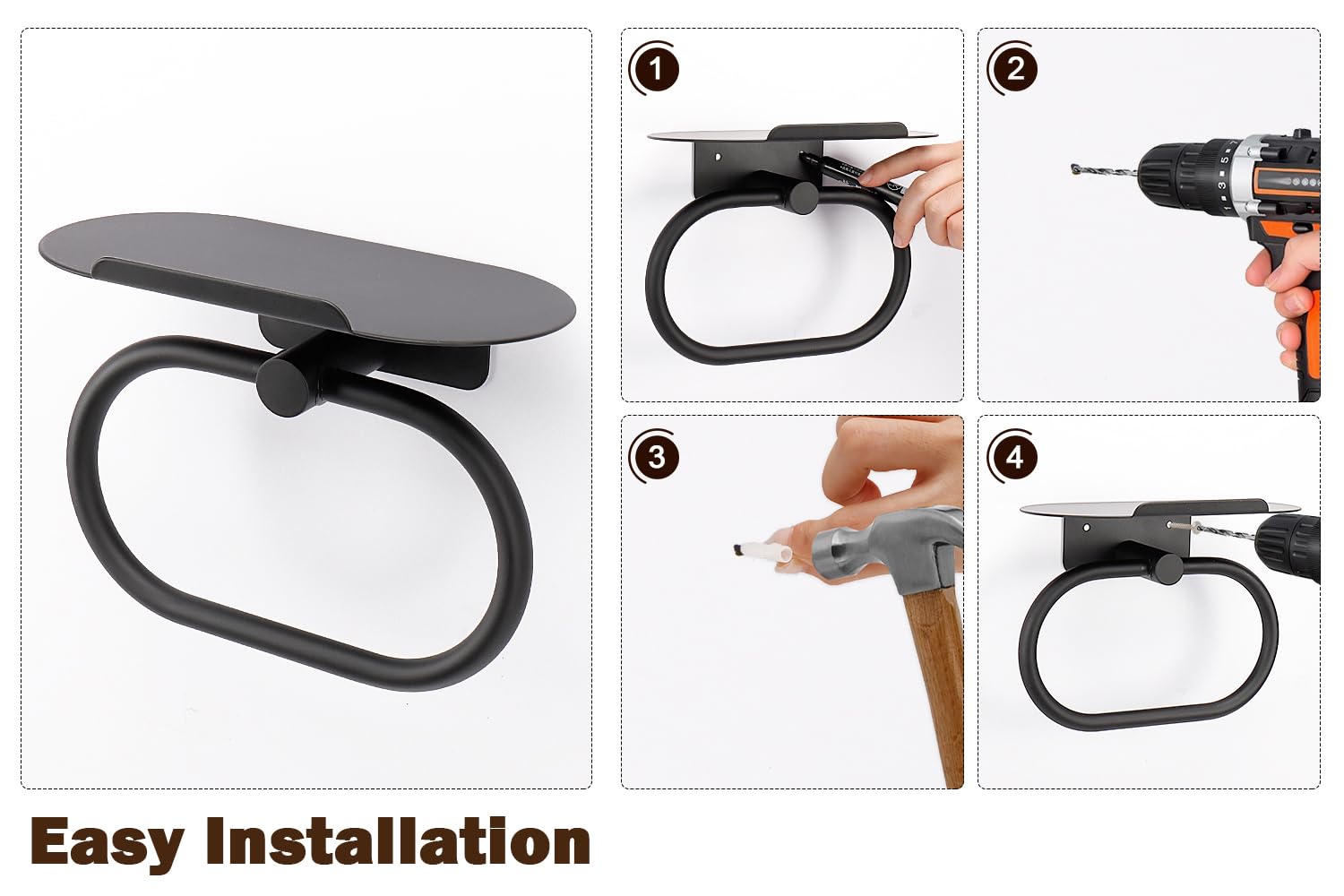 Stainless Steel Hand Towel Ring with Shelf - Matte Black -5 Stainless Steel Hand Towel Ring with Shelf - Matte Black -5