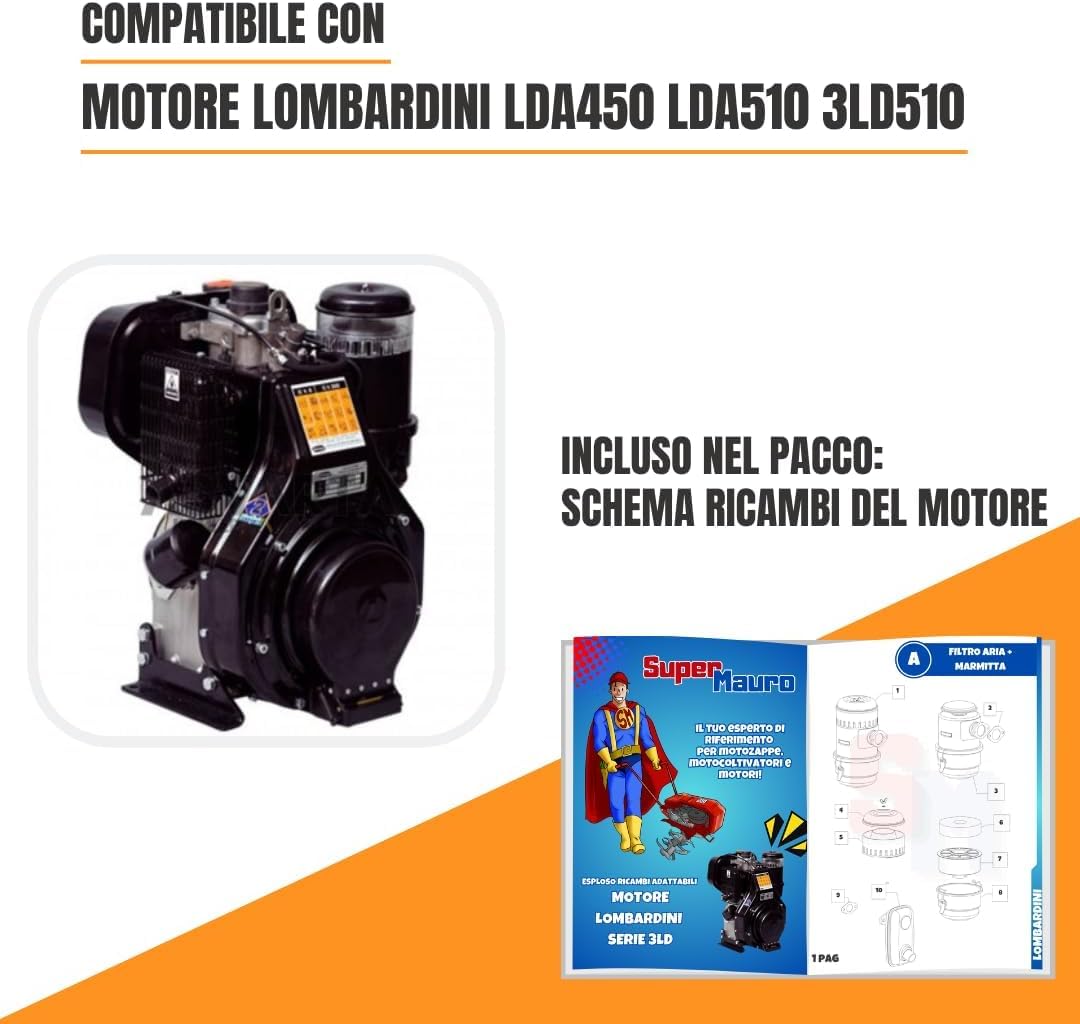 Generico Kit Serbatoio + Tappo + Supporto Filtro Nafta + Tasselli Serbatoio + Tubo Collegamento compatibile per motori Lombardini Diesel LDA 450 LDA 510 3LD510 per motozappa e motocoltivatore