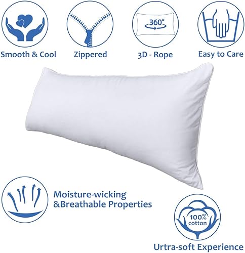 Miniatura 6 de Funda de almohada corporal, 100% algodón, funda de almohada corporal blanca con doble cremallera, 20 x 54 pulgadas, súper suave, 600 hilos para